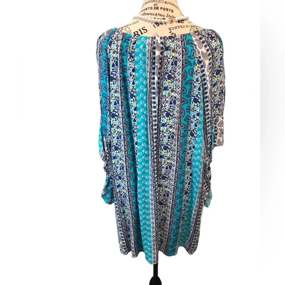 Terra & Sky SZ 1X Turquoise Blue And White Blouse Floral Paisley Smocked - Picture 2 of 5